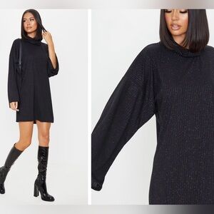 Pretty Little Thing Black Glitter Rib Roll Neck Flare Sleeve Dress Size 6 NWT